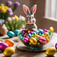 Fototapeta na wymiar easter bunny with colorful easter choclate eggs in the glass bowl for feast 