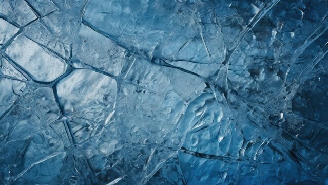 ice texture cracks surface, abstract background winter ice transparent blue. Ice texture background. generative, ai.