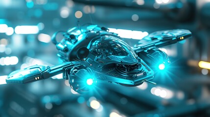 An intricate sci-fi drone with glowing blue elements hovers in a sophisticated futuristic environment, suggesting high-tech surveillance or exploration. - obrazy, fototapety, plakaty