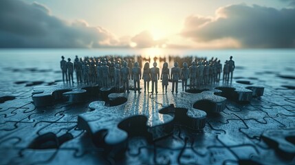 A group of miniature figures stands on a jigsaw puzzle facing a bright sunrise, symbolizing hope, new beginnings, and collective effort. - obrazy, fototapety, plakaty