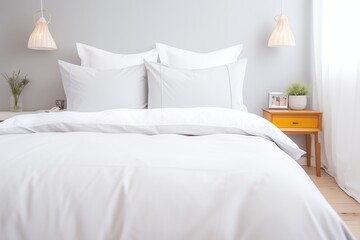 Fototapeta na wymiar plain white bedding with light grey cushions