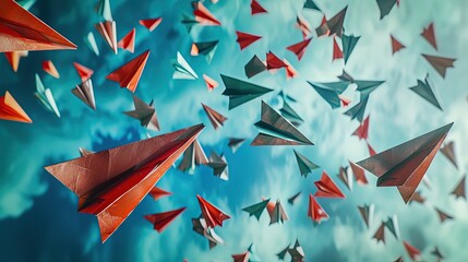 A vibrant swarm of multicolored paper airplanes taking flight against a soft, teal sky, representing joy and creativity.