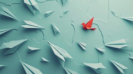 A single red paper plane stands out amidst a sea of white planes on a soft teal background, symbolizing uniqueness and individuality.