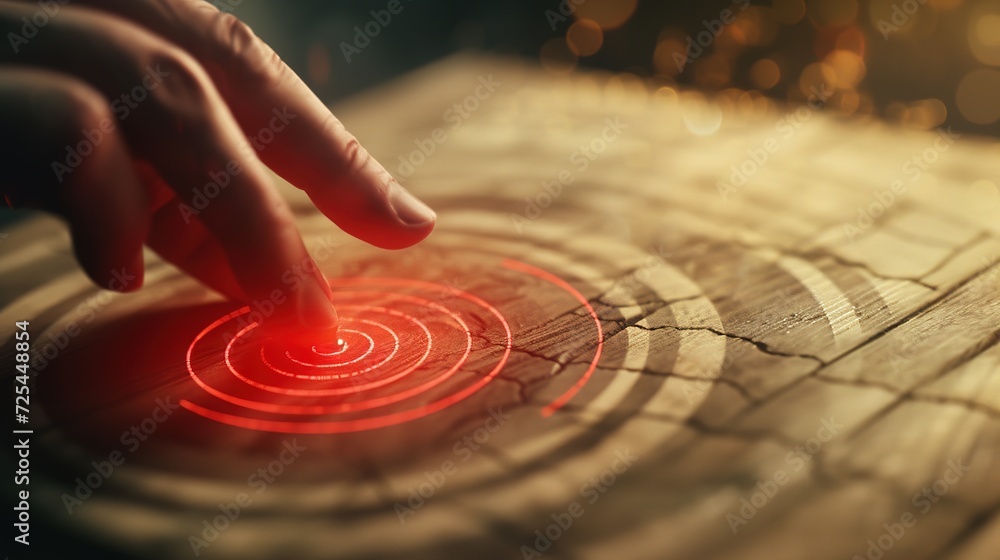 Poster a hand with a finger poised over a glowing bullseye on a wooden dartboard, creating a visual metapho