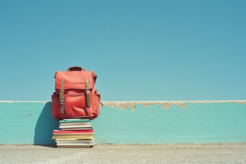 Student Backpack and Stacked Books Against Wall
