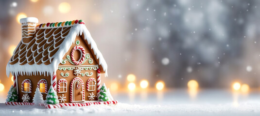 Obraz premium A sweet decorated gingerbread house with icing, with blurry golden lights and snowfall in the background. Free space for text. Christmas, New Year
