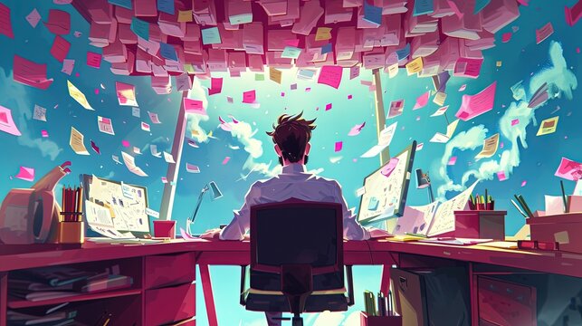 A person sits at a cluttered desk, engulfed by a whirlwind of colorful papers and sticky notes, symbolizing a hectic work environment.