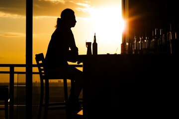 silhouette of a person on a bar chair against a bright sunset window