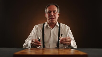 A cheerful senior chess player lifts the king and queen pieces from the board, holding them high with a proud smile, celebrating a victorious moment in the game. Camera 8K RAW. 
