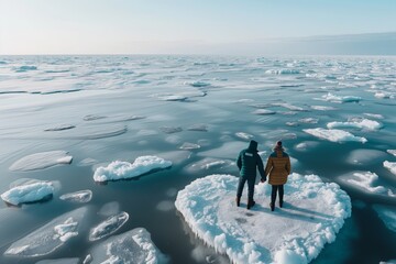 couple holding hands on a vast icy landscape with a heartshaped floe