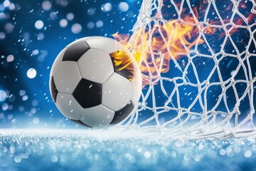 Naklejka premium A soccer ball flies into the goal on a snowy background. place for the text