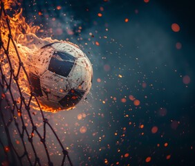 Fototapeta premium A soccer ball in a goal net with flames and ashes on a dark background. a place to copy