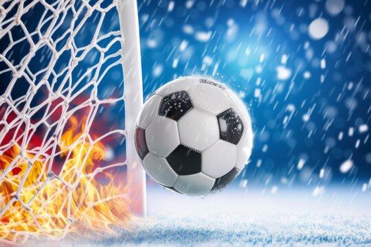 Soccer ball in goal on snowy background. copy space