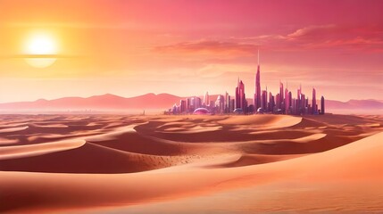 Obraz premium Beautiful Landscape Pink Sand Desert Sunset Background Futuristic City