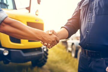 Buying new tractor agricultural machine. Close up view of buyer and dealer handshake at tractor dealership. Deal concept.
