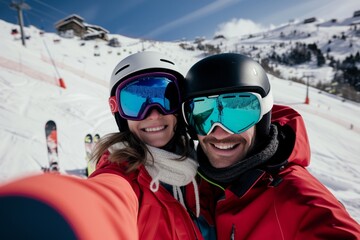 couple in ski gear, selfie with snowy slopes in background