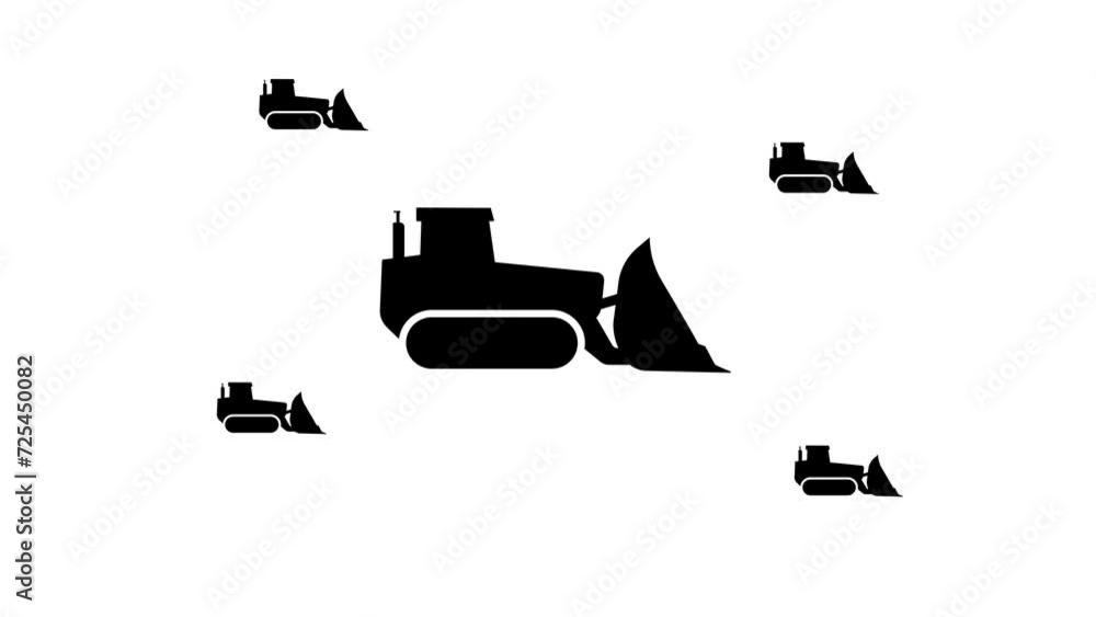 Poster zoom in and out animation the bulldozer symbol. large black symbol in the center and four small symb