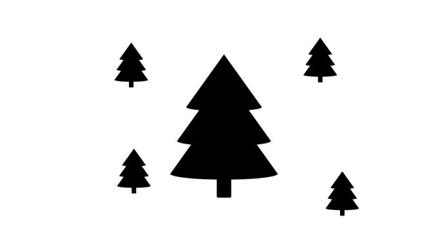 Zoom in and out animation the fir-tree symbol. Large black symbol in the center and four small symbols around. Seamless looped 4k animation on white background