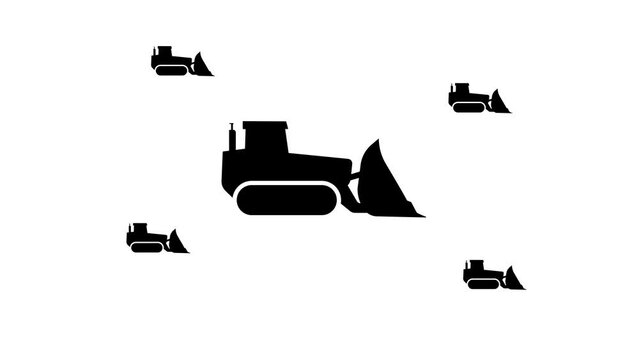 Zoom in and out animation the bulldozer symbol. Large black symbol in the center and four small symbols around. Seamless looped 4k animation on white background