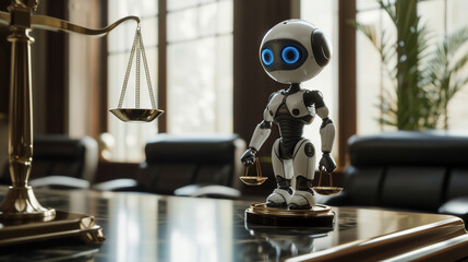 Law and Technology: White Robotic Judge in a Law Office /Lady Justice with Scales as a Robot