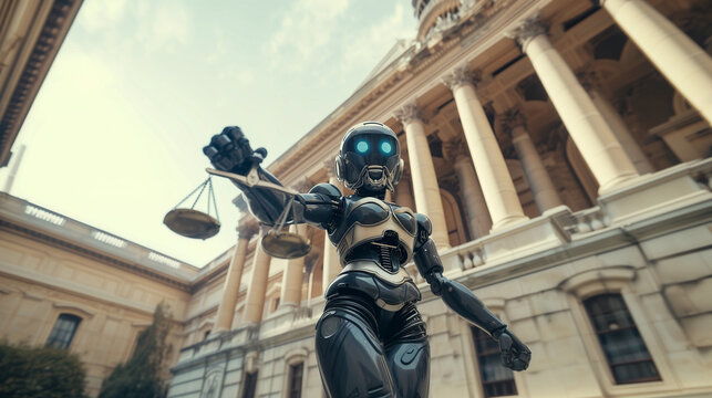 Robotic Justice: Autonomous AI with Scales in Front of Courthouse