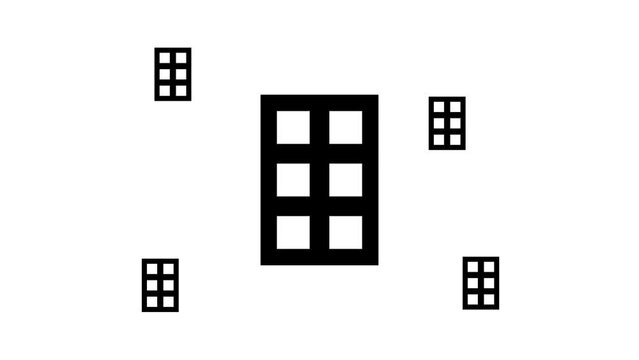 Zoom in and out animation the office building symbol. Large black symbol in the center and four small symbols around. Seamless looped 4k animation on white background