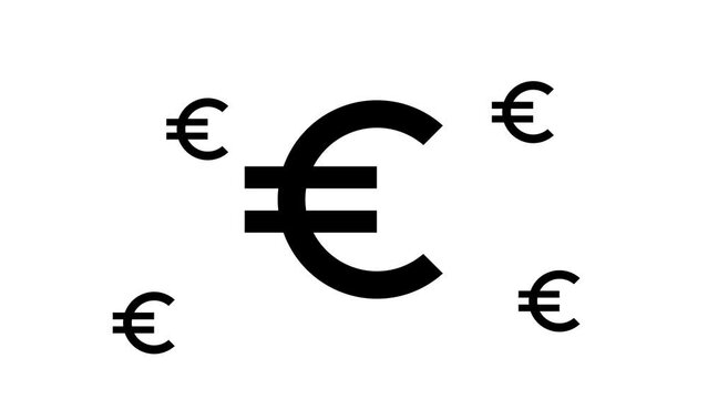 Zoom in and out animation the euro symbol. Large black symbol in the center and four small symbols around. Seamless looped 4k animation on white background