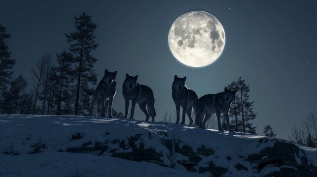 Captivating Scene of Wild Wolves on Snowy Hill with Rising Full Moon AI Generated.
