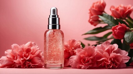 Obraz na płótnie Canvas aroma oil in glass bottle with flowers, pastel pink background, aromatherapy products advertising banner