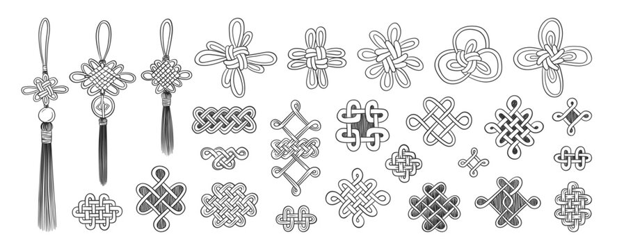 Chinese lucky knot charm. Japanese knot. Lucky knot coin amulet. Asian doodles. Japanese tassel. Asia culture symbols. Chinese New Year decoration.