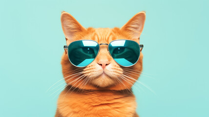 Closeup portrait of funny ginger cat wearing sunglasses isolated on blue background. Copy space.