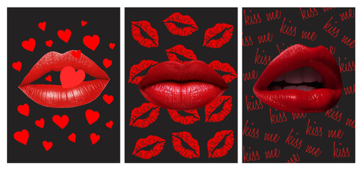 Halftone collage with red lips. Set of cards with red lips, kiss prints and hearts. Kissing and love concept. Vector illustration