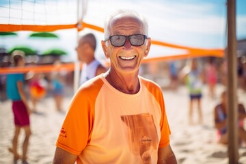 Portrait of happy senior man playing beach volleyball on the beach.