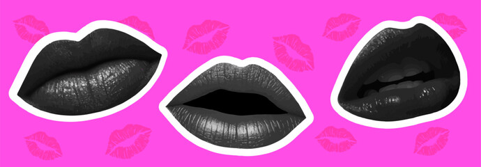 Set of halftone female mouths in different poses. Kissing lips of a halftone woman on a pink background. Vector collage with universal graphic elements and lip prints.