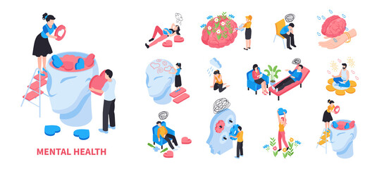 Mental health icons in isometric view
