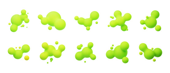 Acid green 3D morphing balls. Liquid blobs like lava lamp. Fluid 3D metaballs. Colorful vector illustration for cards, posters, advertising, flyers. Isolated on white background