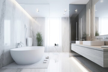 Naklejka na ściany i meble Design of a modern bathroom interior, shower cabin with toilet, sink in light colors.