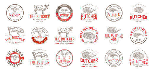Butchery logo templates vintage bundle. Butchery shop logo ornament vector design elements set. Emblem of Butcher meat shop collection