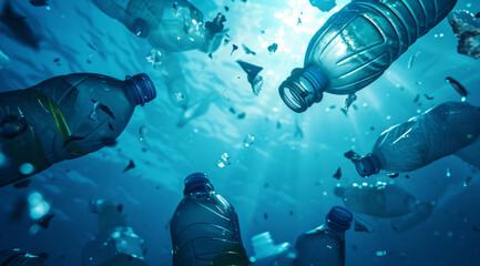 Ocean, sea and bottles floating underwater in dirty water for awareness background and poster design. Blue, wildlife and nature scene with plastic for impact of pollution, environment and waste