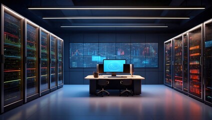 Obraz premium Data center and network devices in high performance operation. 