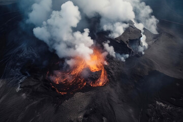 Fototapeta na wymiar Volcano mountain eruption with smoke and fiery lava, top view.