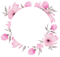 Pink flowers round frame. Floral PNG transparent background