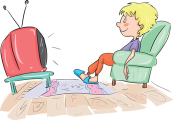 Watching TV. TV audience. TV program. TV Broadcast. Hand drawn cartoon vector illustration.