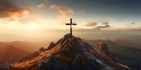 Heavenly Horizon.Religious Cross at Dusk