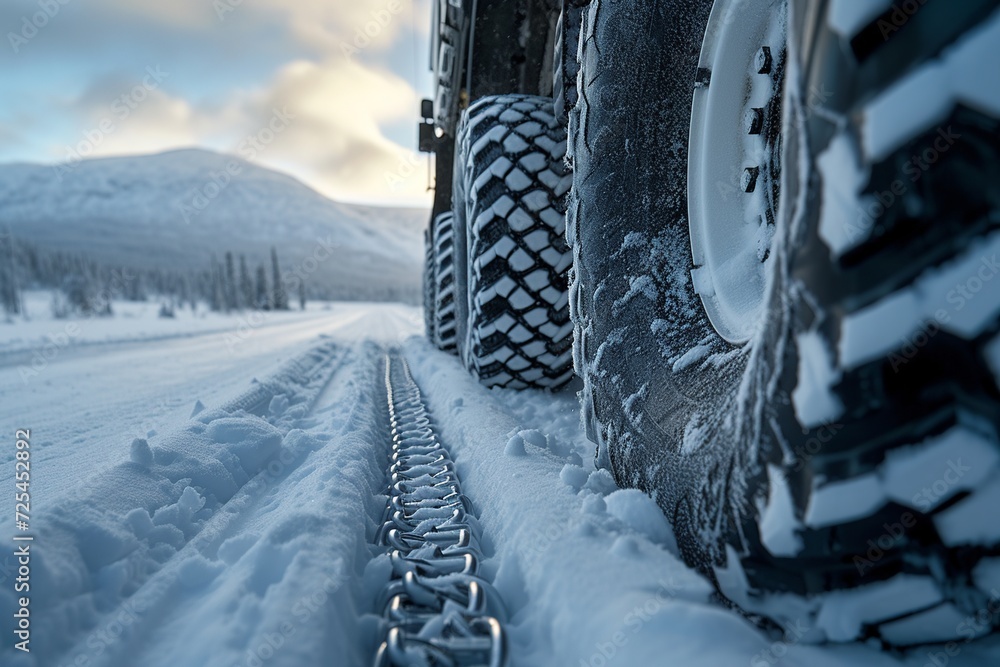 Poster a gripping display of car tires with snow chains plowing through deep snow, showing off their tracti