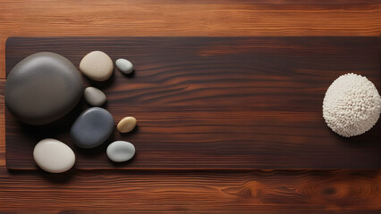 zen pebbles set on design wooden board top view banner