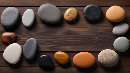 Obraz na płótnie Canvas zen pebbles set on design wooden board top view banner