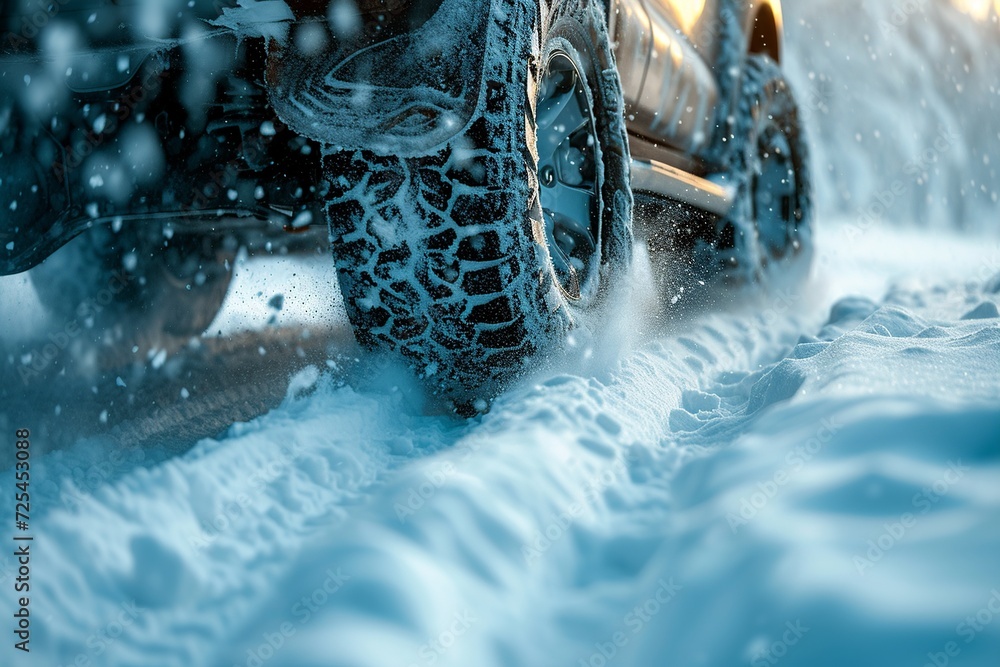 Aufkleber a gripping display of car tires with snow chains plowing through deep snow, showing off their tracti