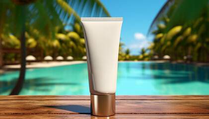 Sunscreen cream tube mockup on summer resort background. Skin protection lotion blank template white tube near swimming pool copy space. Women skincare. Wrinkles face protection. Body sunblock spray.