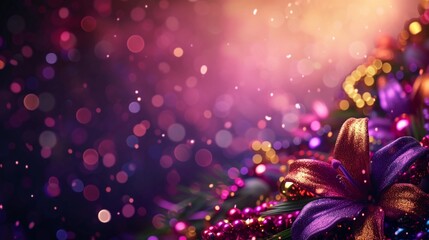 Lush Purple Flower Sparkles with Festive Energy Amidst Glittering Beads. Vibrant Mardi Gras...